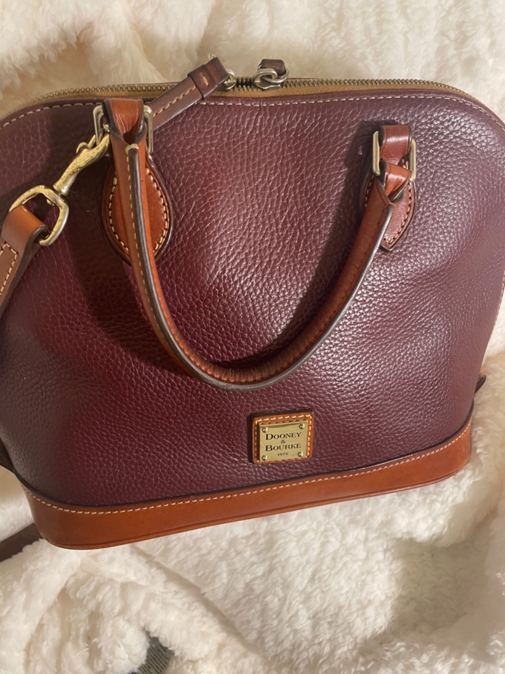 Dooney & Bourke Pebble Leather Satchel in Burgundy with Brown Trim